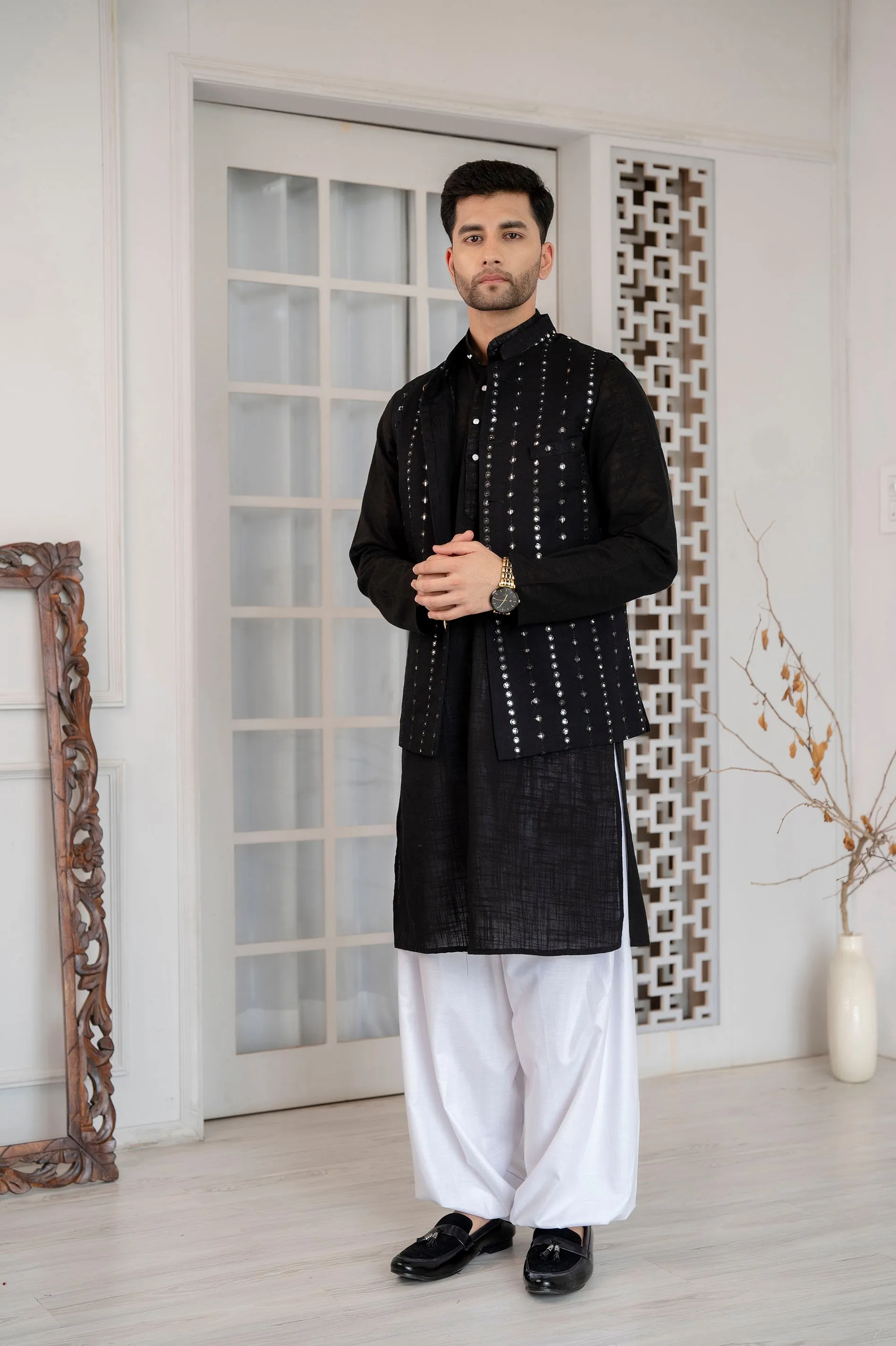 Firangi Yarn Wedding and Festive Wear Khadi Solid Kurta and Mirror Work Embroidered Modi Jacket Coty/Koty Set of 2(Pyjama Excluded) Solid Black