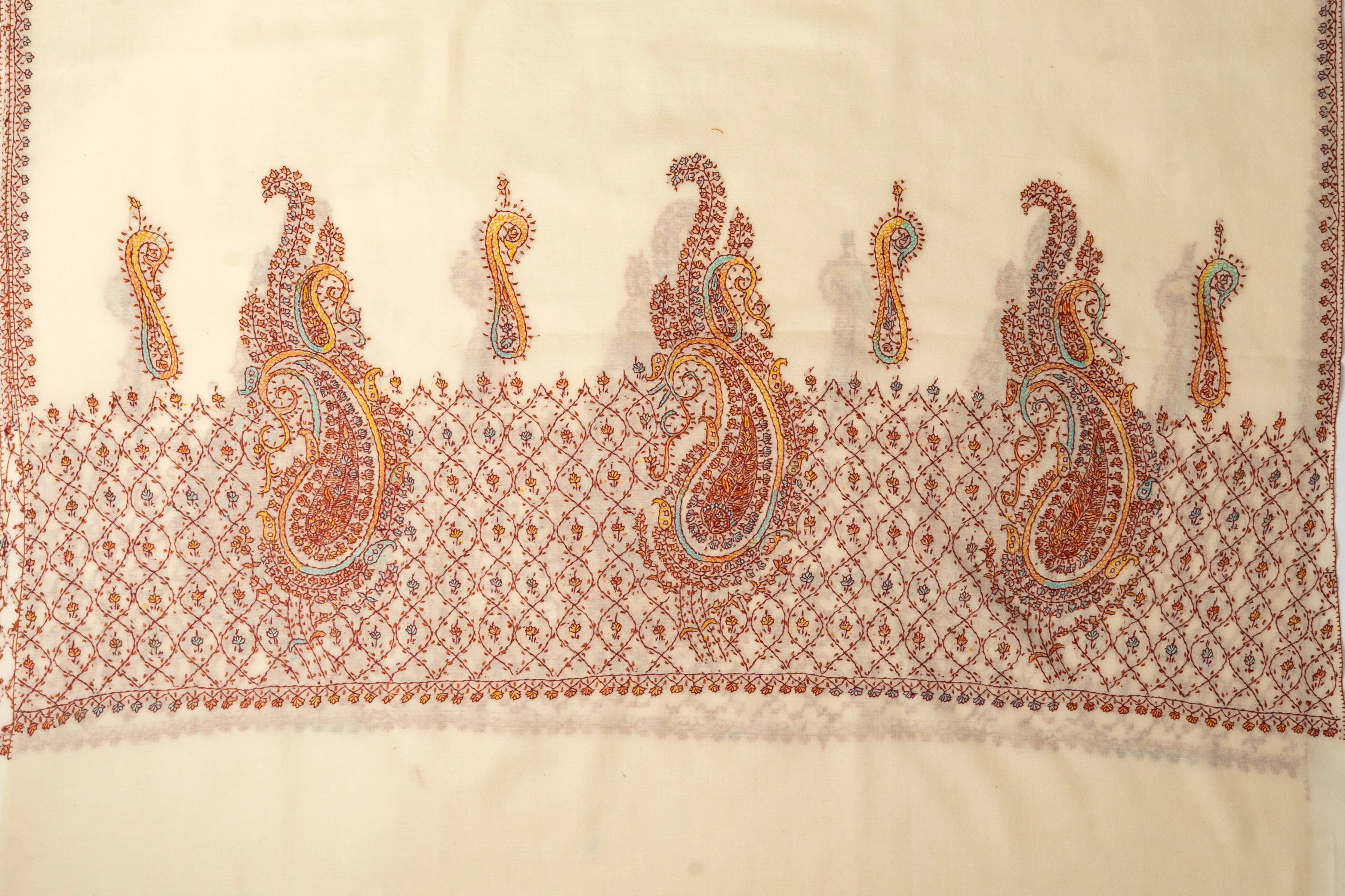 Golden Hour: Sozni Hand-Embroidered Merino Wool Shawl with Paisley Flourish